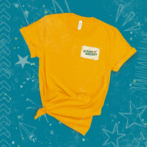 yellow crewneck tee shirt with steam rocket pocket logo